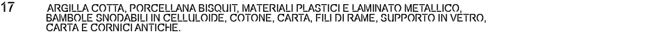17 ARGILLA COTTA, PORCELLANA BISQUIT, MATERIALI PLASTICI E LAMINATO METALLICO,  BAMBOLE SNODABILI IN CELLULOIDE, COTONE, CARTA, FILI DI RAME, SUPPORTO IN VETRO,  CARTA E CORNICI ANTICHE. 